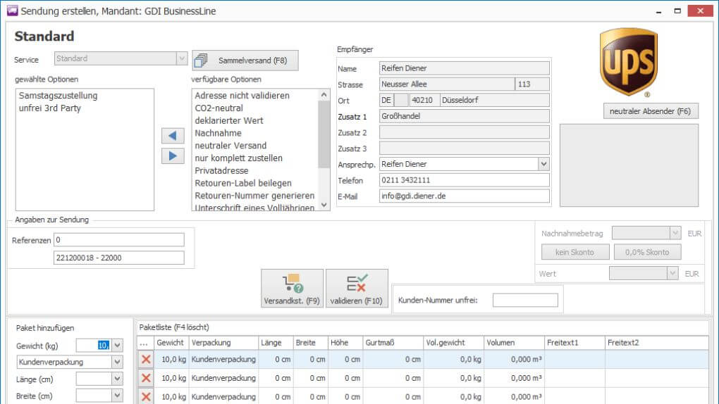 GDI Versand - Sendung erstellen - SMH